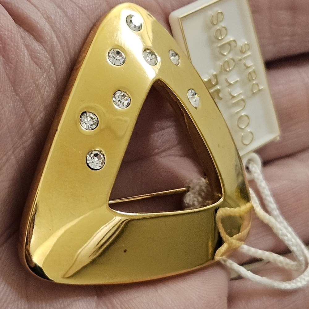 VINTAGE COURREGES PARIS GOLD RHINESTONES TRIANGLE MODERN BROOCH PIN